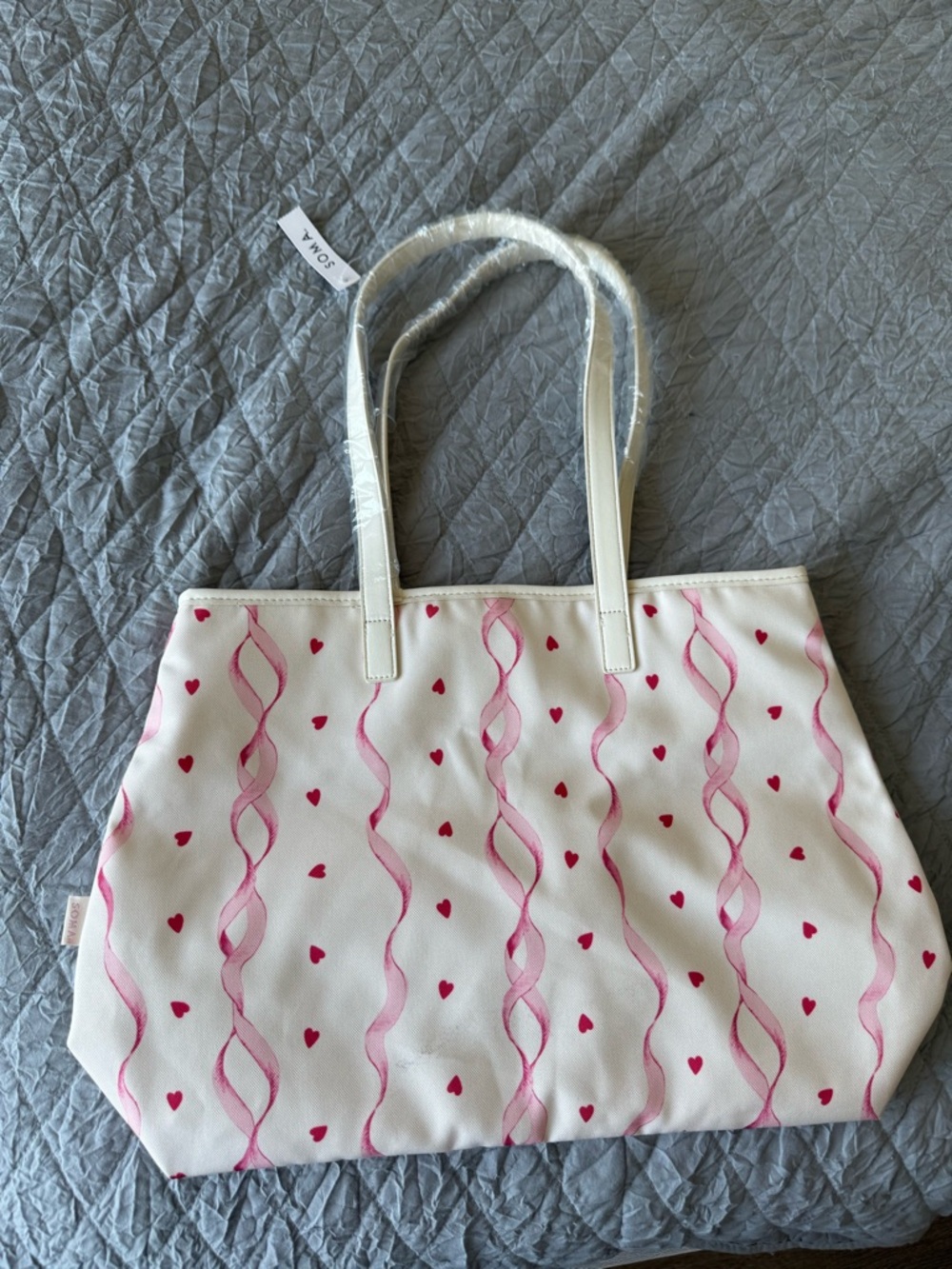 Soma White Tote with Pink Ribbon & Heart Print